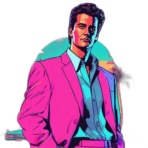 jacket, staff, face, robot, vaporwave, comic book art, pixel art, concept art transparent PNG cut-out