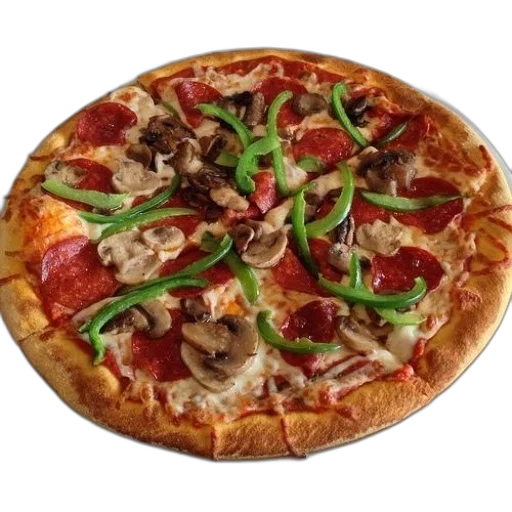 food, weapon, animal, photorealistic, 3d render, pepperoni, pizza, mushrooms transparent PNG cut-out