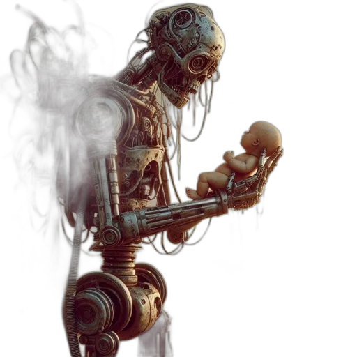 robot, weapon, concept art, cyberpunk, fantasy art, comic book art, fog, outer space transparent PNG cut-out