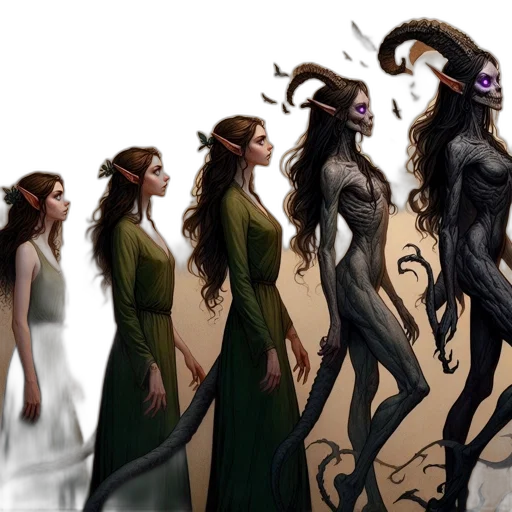 concept art, fantasy art, comic book art, pixel art, dark, earth tones, five, women transparent PNG cut-out
