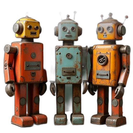 robot, 3d render, concept art, group, vintage, tin, robots, standing transparent PNG cut-out