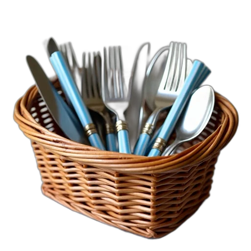 food, weapon, 3d render, wicker, basket, filled, various, utensils transparent PNG cut-out