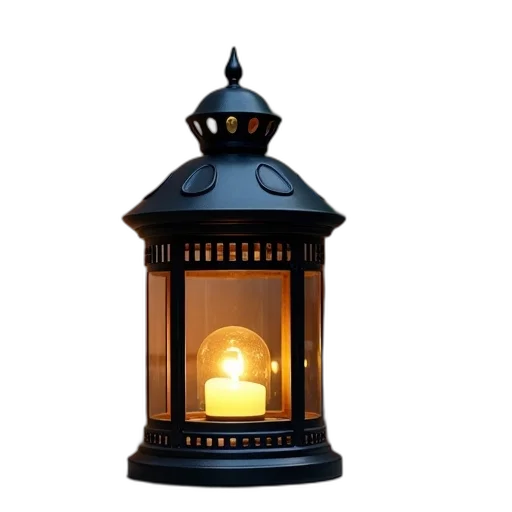 3d render, photorealistic, black, lantern, lit, interior, placed, stone transparent PNG cut-out