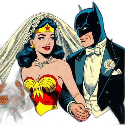 comic book art, cartoon, concept art, wonder, woman, batman, dressed, wedding transparent PNG cut-out