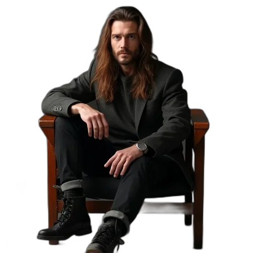 furniture, jacket, hair, staff, photorealistic, concept art, man, long transparent PNG cut-out