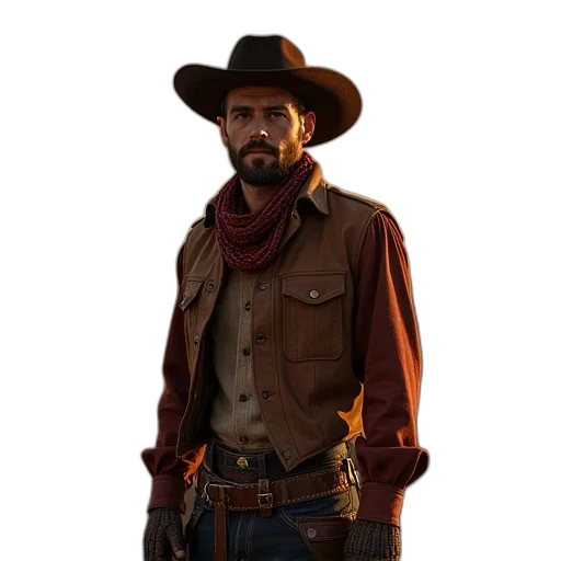 jacket, hat, staff, concept art, photorealistic, 3d render, comic book art, man transparent PNG cut-out