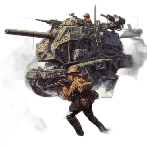 weapon, concept art, photorealistic, comic book art, fantasy art, chaotic, wwii, battlefield transparent PNG cut-out