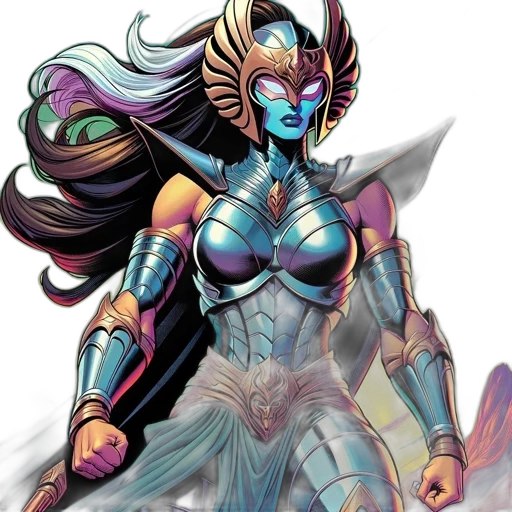comic book art, concept art, fantasy art, cyberpunk, blue, female, warrior, wearing transparent PNG cut-out