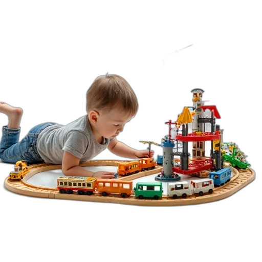 3d render, city street, child, playing, large, complex, toy, train transparent PNG cut-out