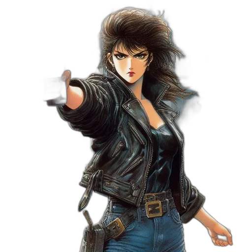 jacket, weapon, comic book art, concept art, fantasy art, photorealistic, woman, brandishes transparent PNG cut-out