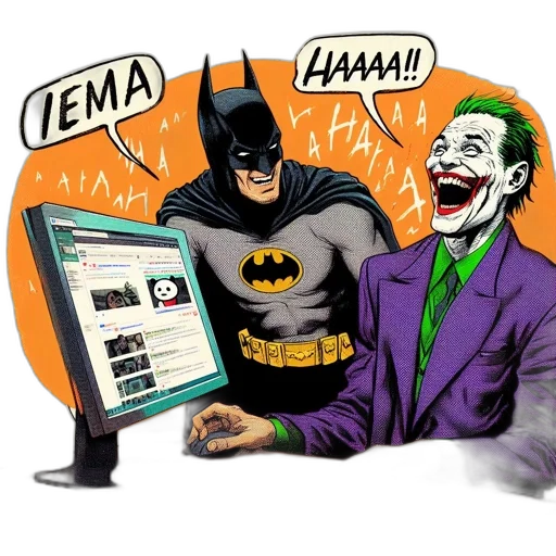 comic book art, batman, joker, depicted, humorous, contrast, laughs, screen transparent PNG cut-out