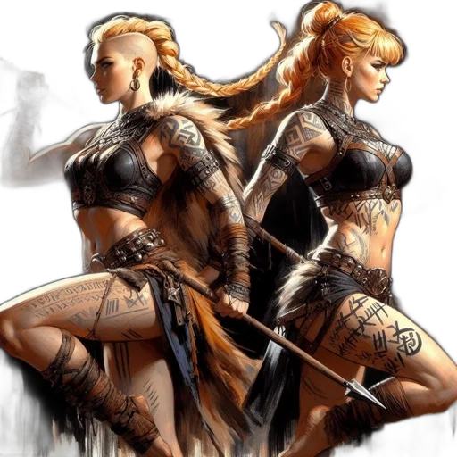comic book art, concept art, fantasy art, pixel art, two, female, warriors, blonde transparent PNG cut-out
