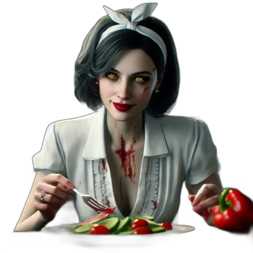 food, concept art, photorealistic, pixel art, comic book art, woman, striking, features transparent PNG cut-out