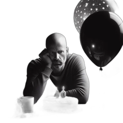 photorealistic, concept art, man, sits, table, deep, thought, 40th transparent PNG cut-out