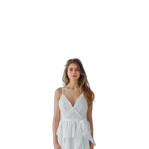 dress, jewelry, monochrome, young, woman, white, tiered, long transparent PNG cut-out