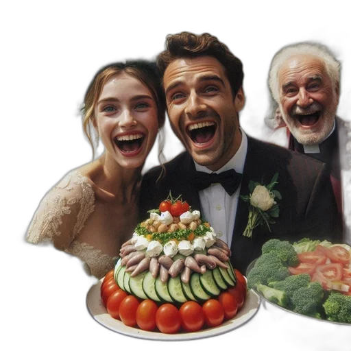 food, crown, photorealistic, bride, groom, laugh, together, front transparent PNG cut-out