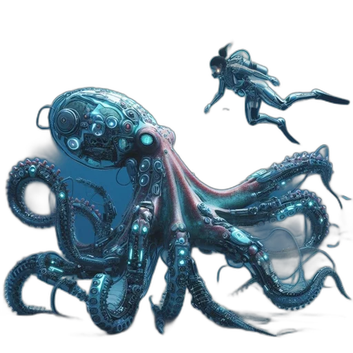 creature, robot, weapon, staff, concept art, fantasy art, 3d render, underwater transparent PNG cut-out