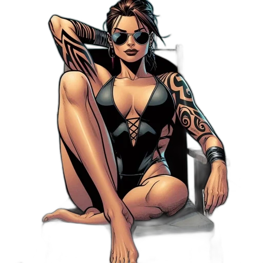 comic book art, concept art, cartoon, cyberpunk, woman, swimsuit, tribal, tattoos transparent PNG cut-out