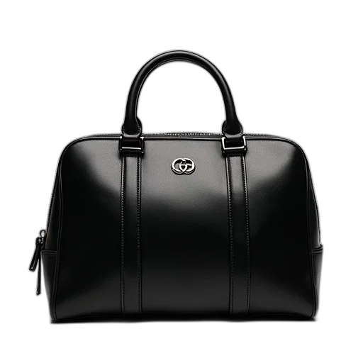 monochrome, black, leather, handbag, silver, buckle, front, zippered transparent PNG cut-out