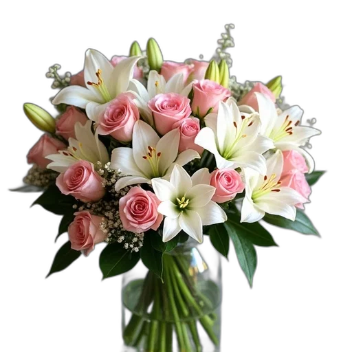 flower, crown, photorealistic, beautiful, bouquet, roses, white, lilies transparent PNG cut-out