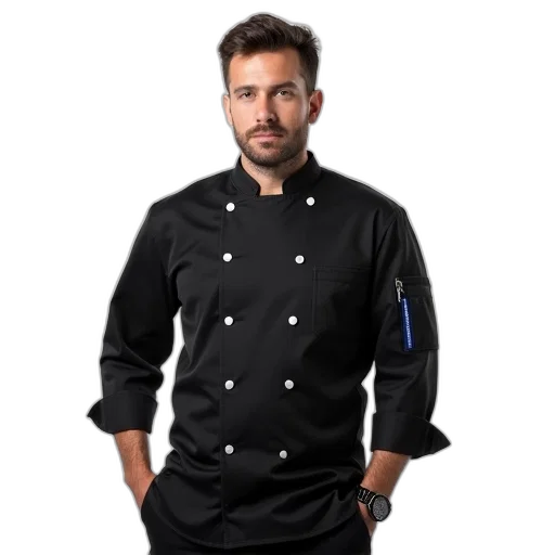 jacket, staff, food, man, wearing, black, chef, uniform transparent PNG cut-out