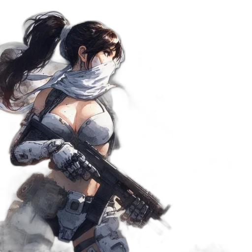 weapon, concept art, fantasy art, comic book art, anime, combat-ready, woman, donning transparent PNG cut-out