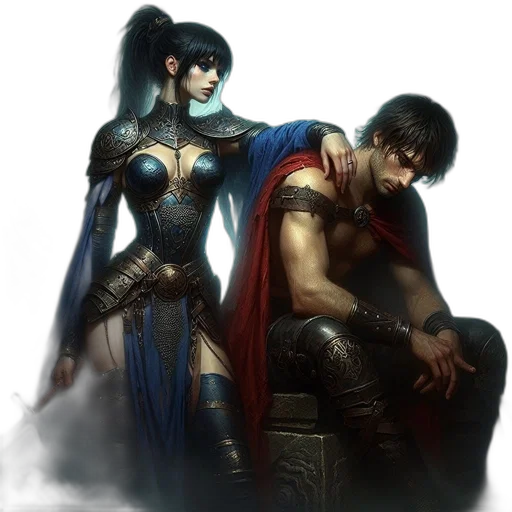 fantasy art, concept art, comic book art, photorealistic, blue, two, figures, one transparent PNG cut-out