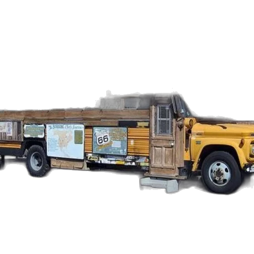 3d render, concept art, repurposed, school, bus, wooden, additions, map transparent PNG cut-out