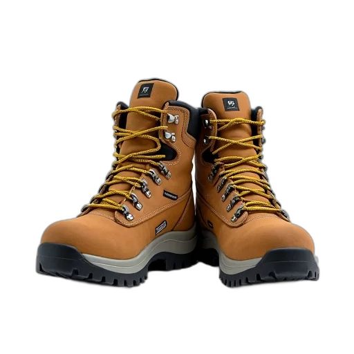 shoes, 3d render, photorealistic, pair, brown, hiking, boots, yellow transparent PNG cut-out