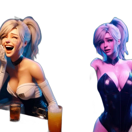 concept art, 3d render, cyberpunk, comic book art, neon lights, two, images, one transparent PNG cut-out