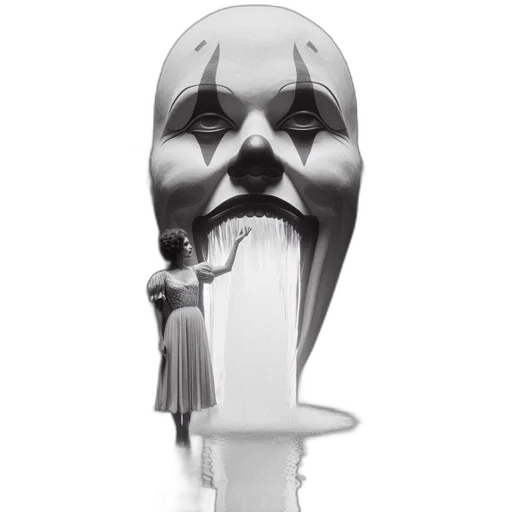 mask, face, staff, bottle, concept art, 3d render, clown, rendered transparent PNG cut-out