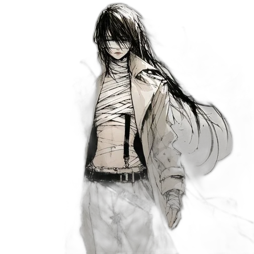 jacket, mask, staff, creature, concept art, fantasy art, comic book art, photorealistic transparent PNG cut-out