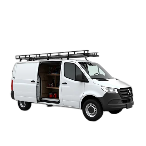 staff, 3d render, white, van, ladder, top, parked, clean transparent PNG cut-out