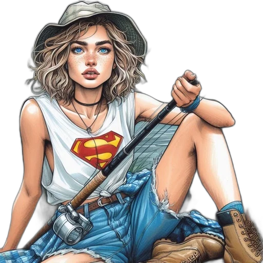 comic book art, fantasy art, cartoon, concept art, young, woman, sits, body transparent PNG cut-out