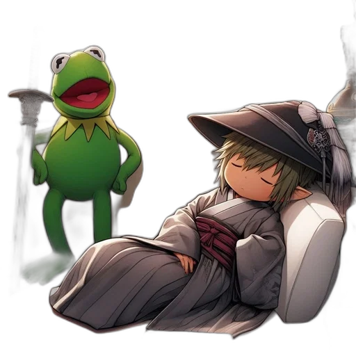 hat, creature, concept art, pixel art, watercolor, fantasy art, kermit, frog transparent PNG cut-out