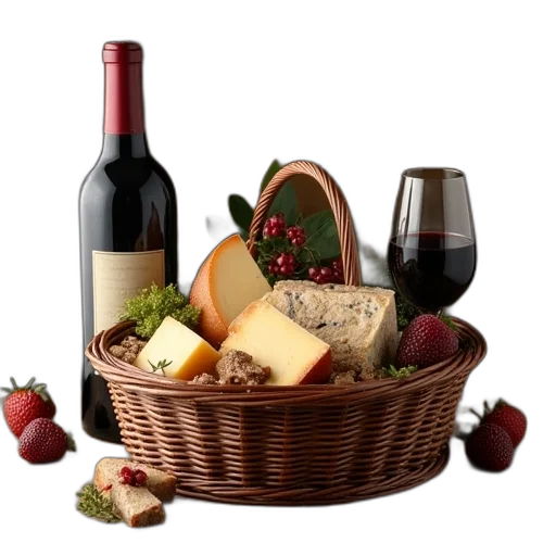 food, wine, cheese, gift, basket, him transparent PNG cut-out