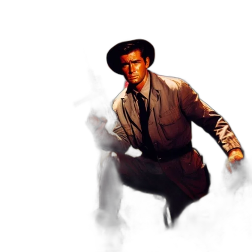 jacket, hat, staff, weapon, comic book art, concept art, photorealistic, pixel art transparent PNG cut-out