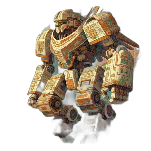 robot, weapon, concept art, pixel art, fantasy art, watercolor, golden, earth tones transparent PNG cut-out