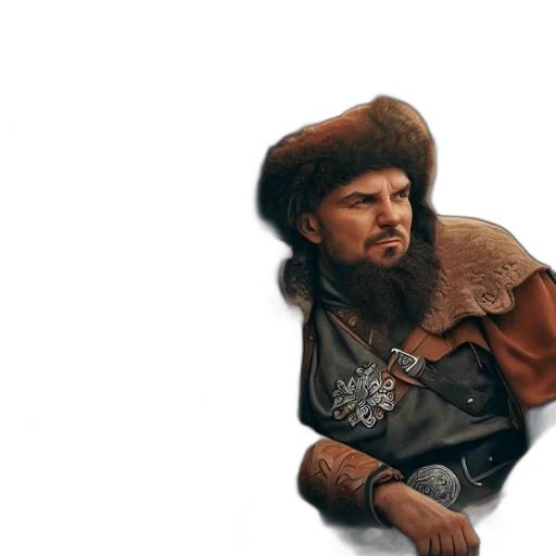 hat, jacket, face, weapon, concept art, photorealistic, 3d render, fantasy art transparent PNG cut-out