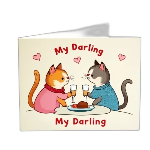 postcard, cartoon, image, two, cats, sitting, table, cat transparent PNG cut-out
