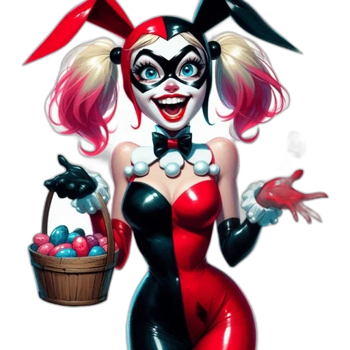 mask, comic book art, concept art, cartoon, pixel art, harley, quinn, recognizable transparent PNG cut-out