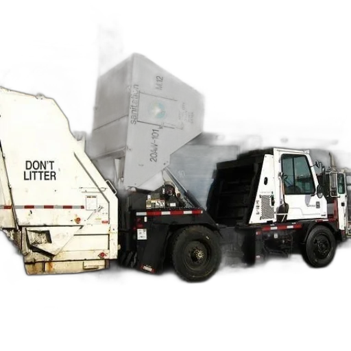 robot, 3d render, concept art, photorealistic, sanitation, truck, words, don transparent PNG cut-out