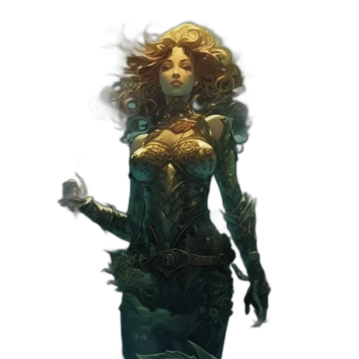 dress, staff, concept art, fantasy art, pixel art, comic book art, underwater, golden transparent PNG cut-out