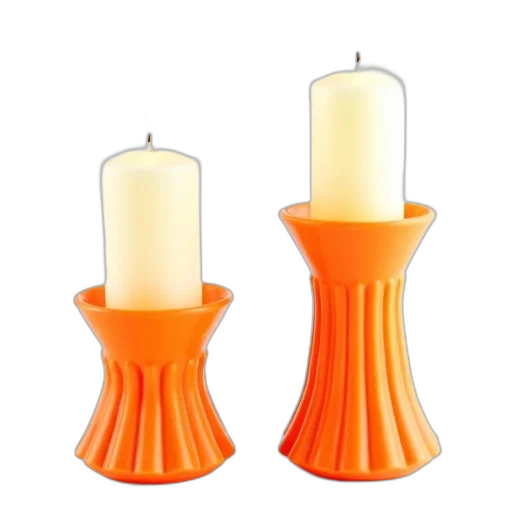 3d render, two, identical, orange, candle, holders, ribbed, texture transparent PNG cut-out