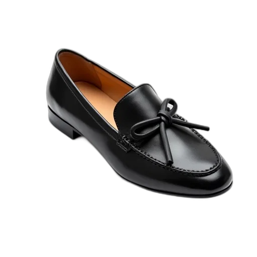 shoes, photorealistic, 3d render, black, leather, loafer, bow, detail transparent PNG cut-out