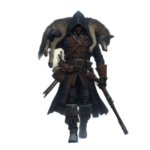 jacket, weapon, staff, sword, concept art, fantasy art, 3d render, pixel art transparent PNG cut-out