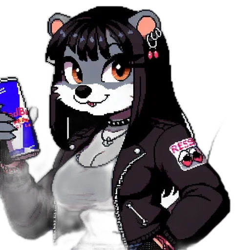 jacket, staff, animal, creature, pixel art, cyberpunk, cartoon, vaporwave transparent PNG cut-out