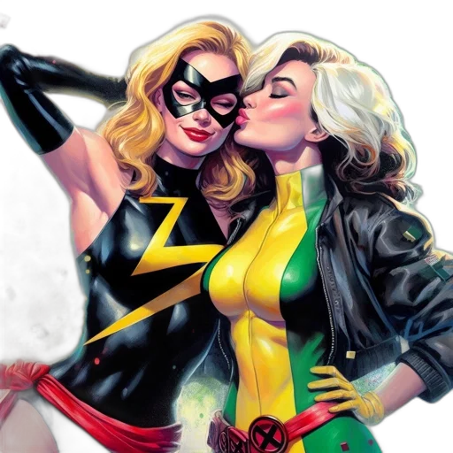 comic book art, concept art, two, female, superheroes, one, blonde, hair transparent PNG cut-out