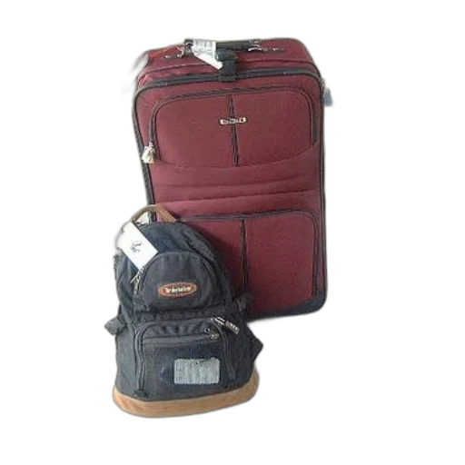 jacket, red, suitcase, black, backpack, sit, sidewalk transparent PNG cut-out
