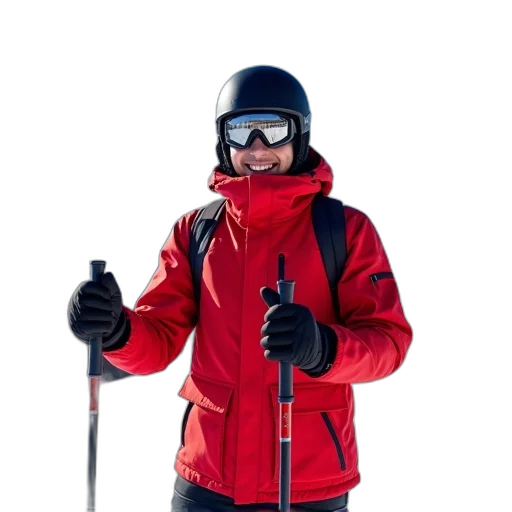 jacket, staff, snow, person, red, black, helmet, standing transparent PNG cut-out